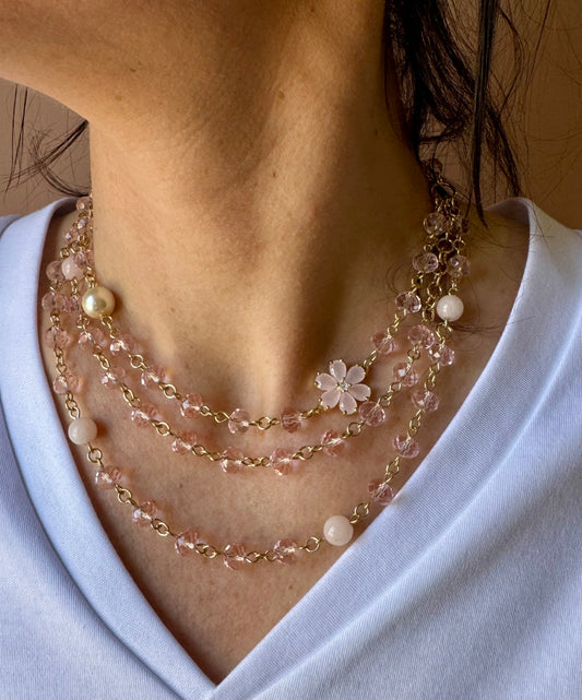 Girocollo tre fili mix perline rosa Unique