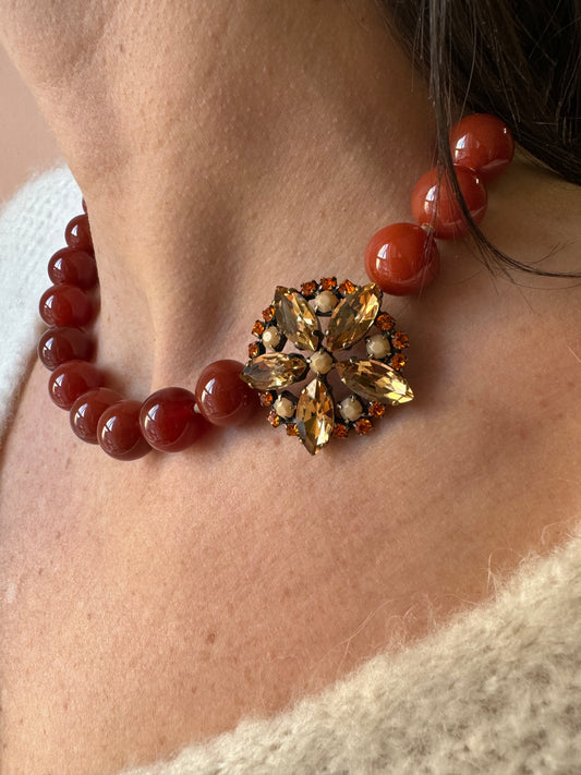 Collana perle e fiore navette mattone Unique