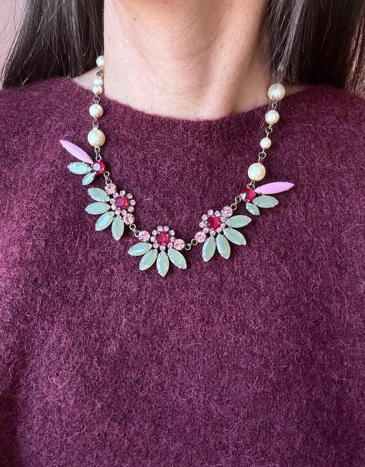 Collana fiori e perle verde e rosa UNIQUE