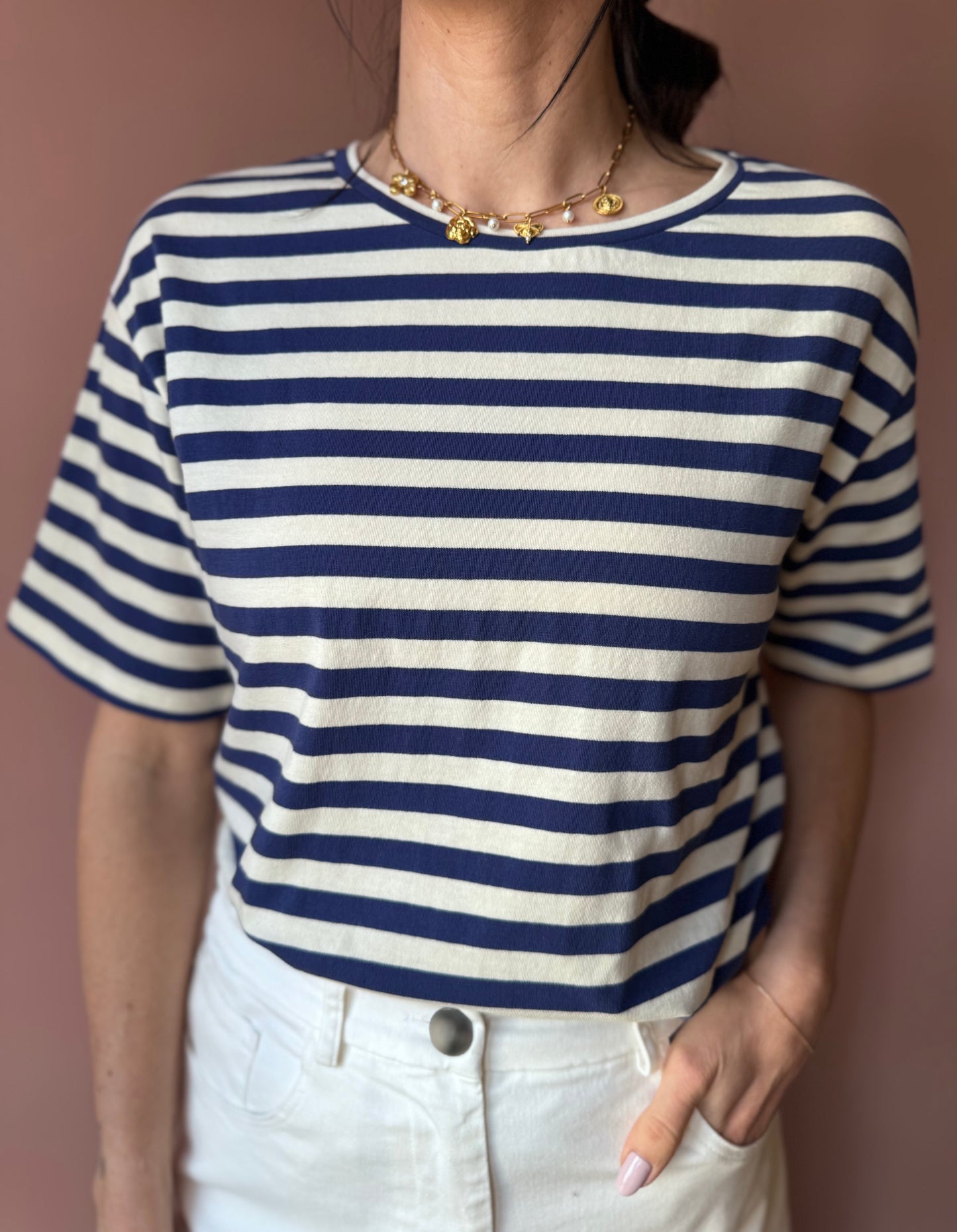 T-shirt Mindy riga blu Madame Venice