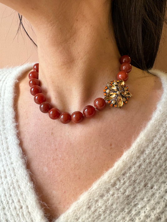 Collana perle e fiore navette mattone Unique