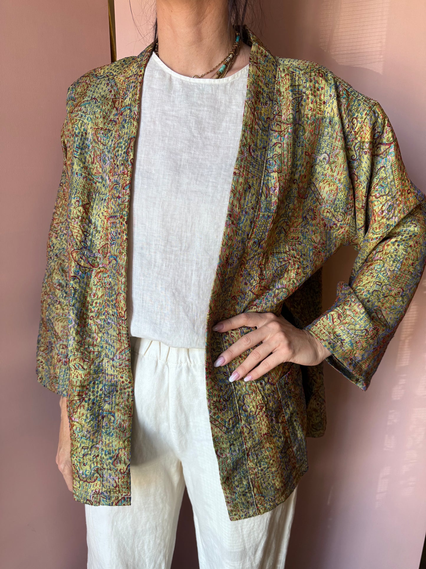 Giacca/Kimono in seta verde taglia unica