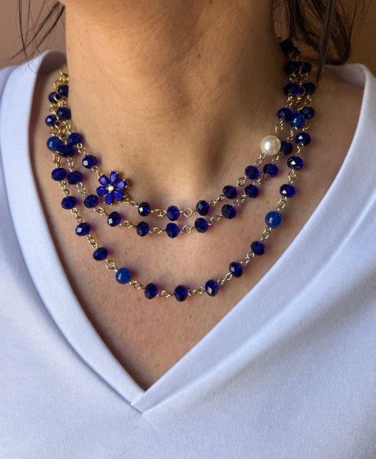 Girocollo tre fili mix perline blu Unique