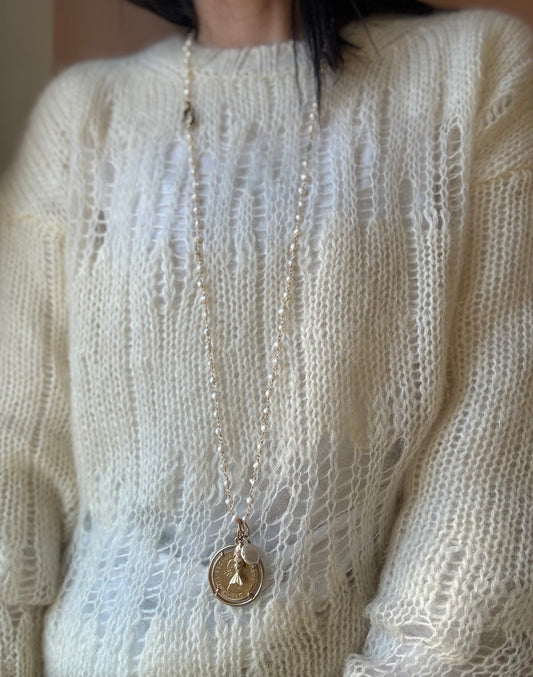 Collana catena e perla con moschettone zirconi e moneta grande e pesciolino L|UNA