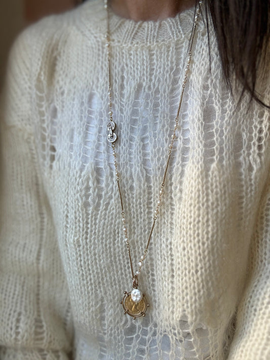 Collana barrette torchon in bronzo e perle con moschettone zirconi e moneta  L|UNA