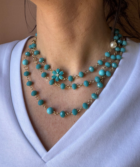 Girocollo tre fili mix perline azzurro Unique