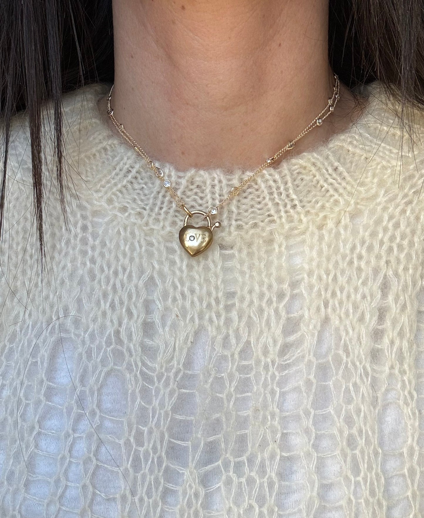 Collana rosario zirconi e lucchetto a cuore con incisione L|UNA