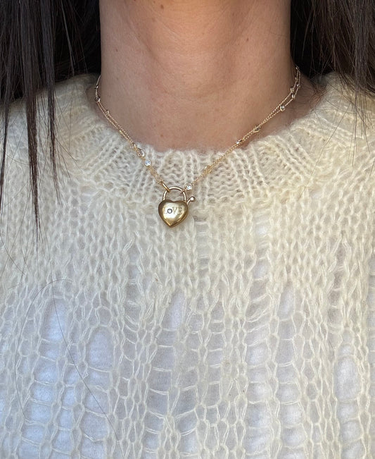 Collana rosario zirconi e lucchetto a cuore con incisione L|UNA